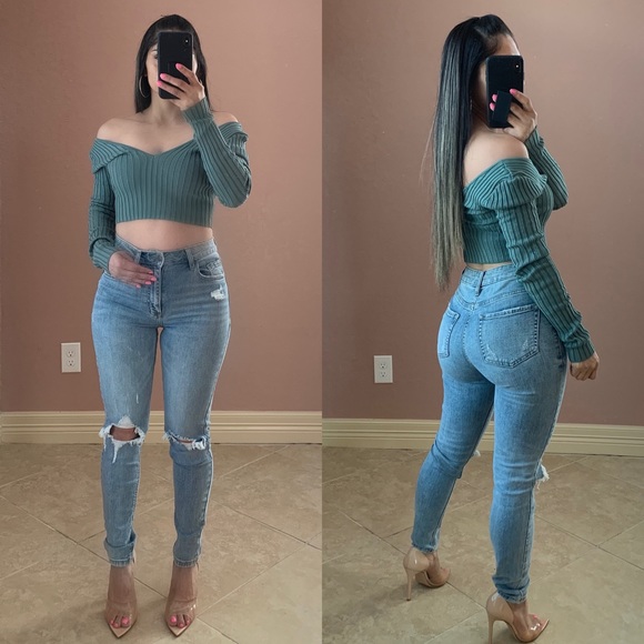 ANDREA Ribbed Long Sleeve Top- sage - Picture 2 of 5